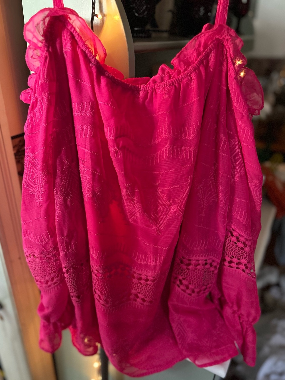 Women's Hot Pink cold shoulder Lace-Trim Top